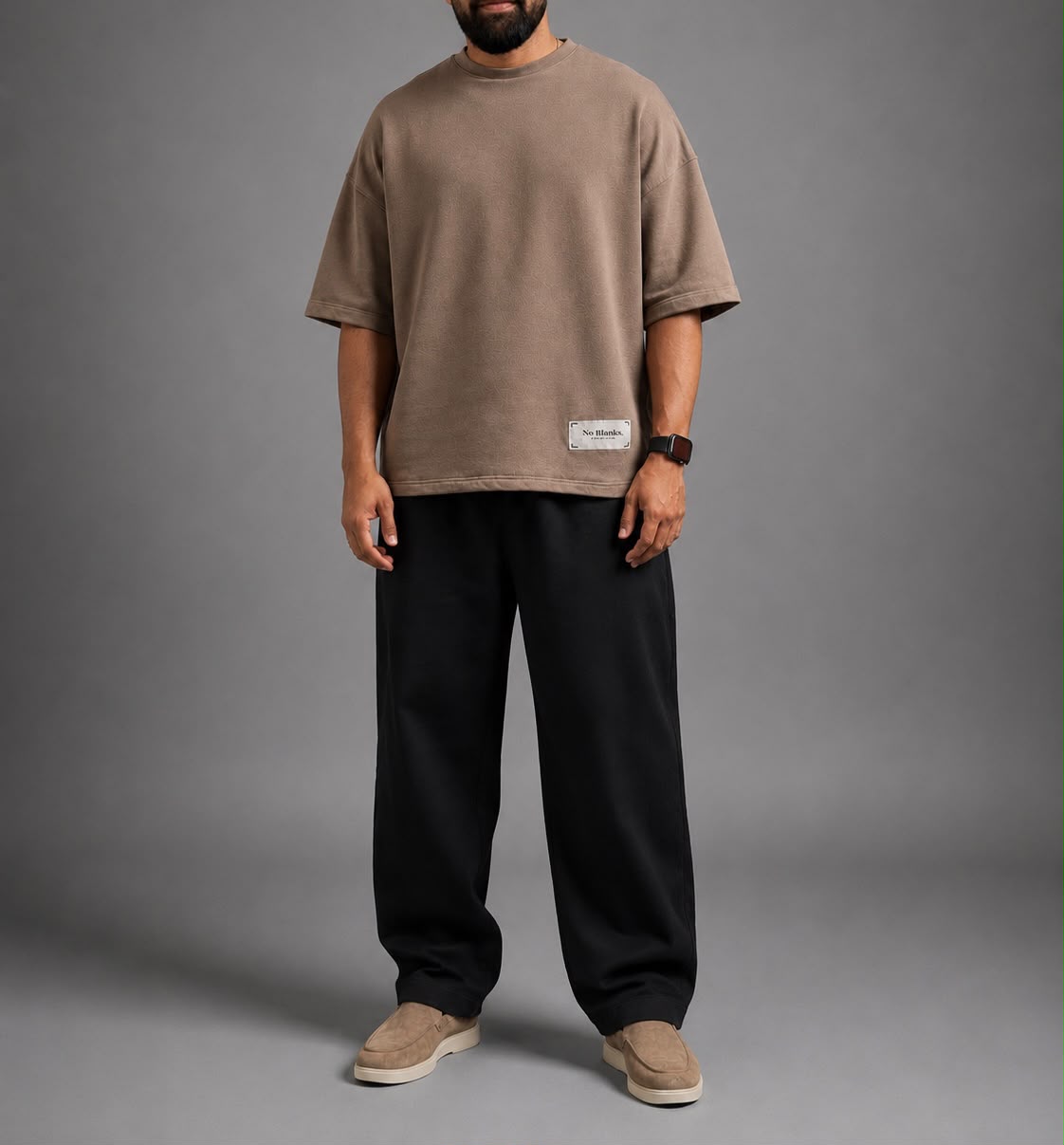 No Blanks Mocha Oversized T-Shirt - Male Model Full Look