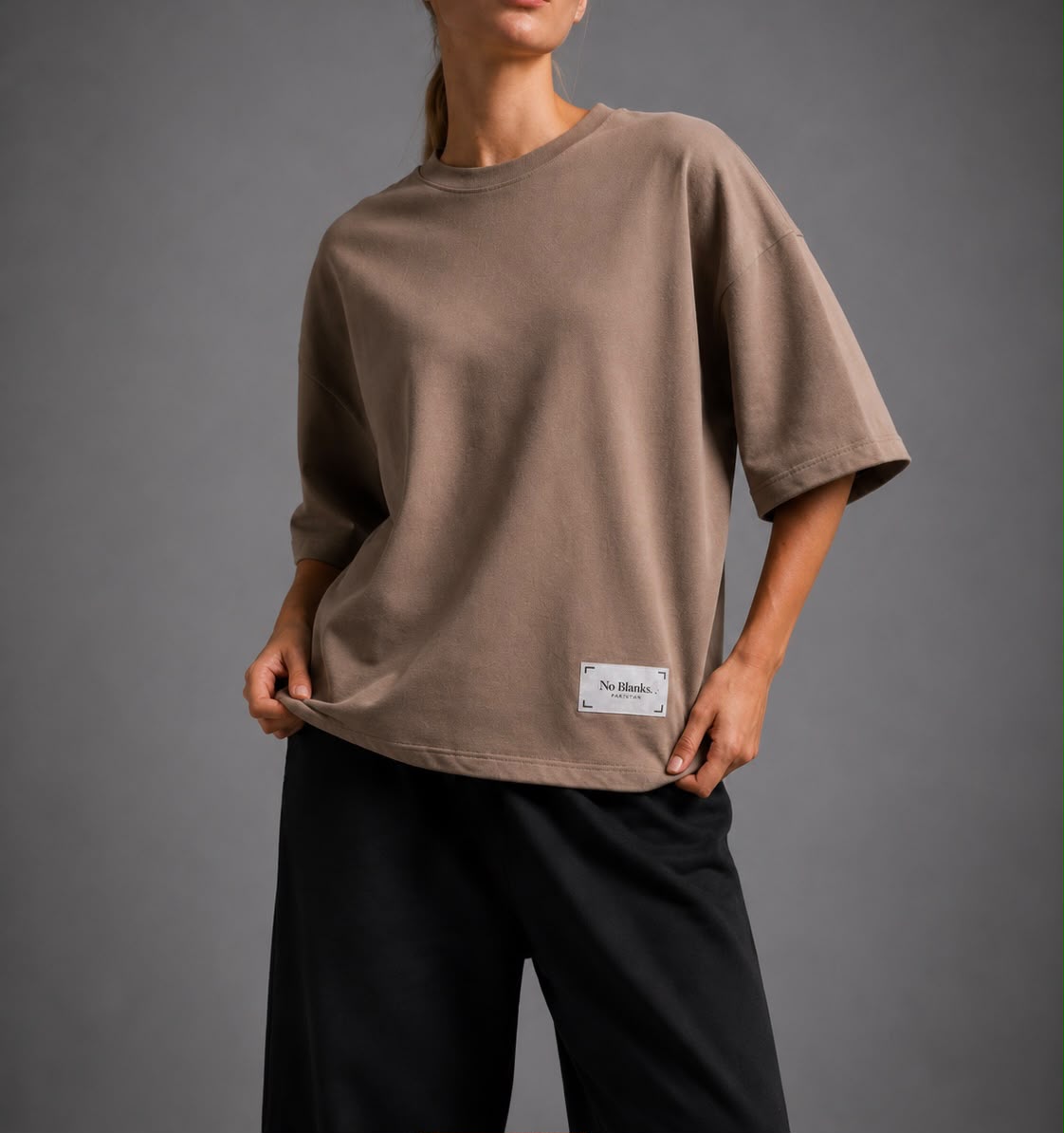 No Blanks Mocha Oversized T-Shirt - Female Model Front View