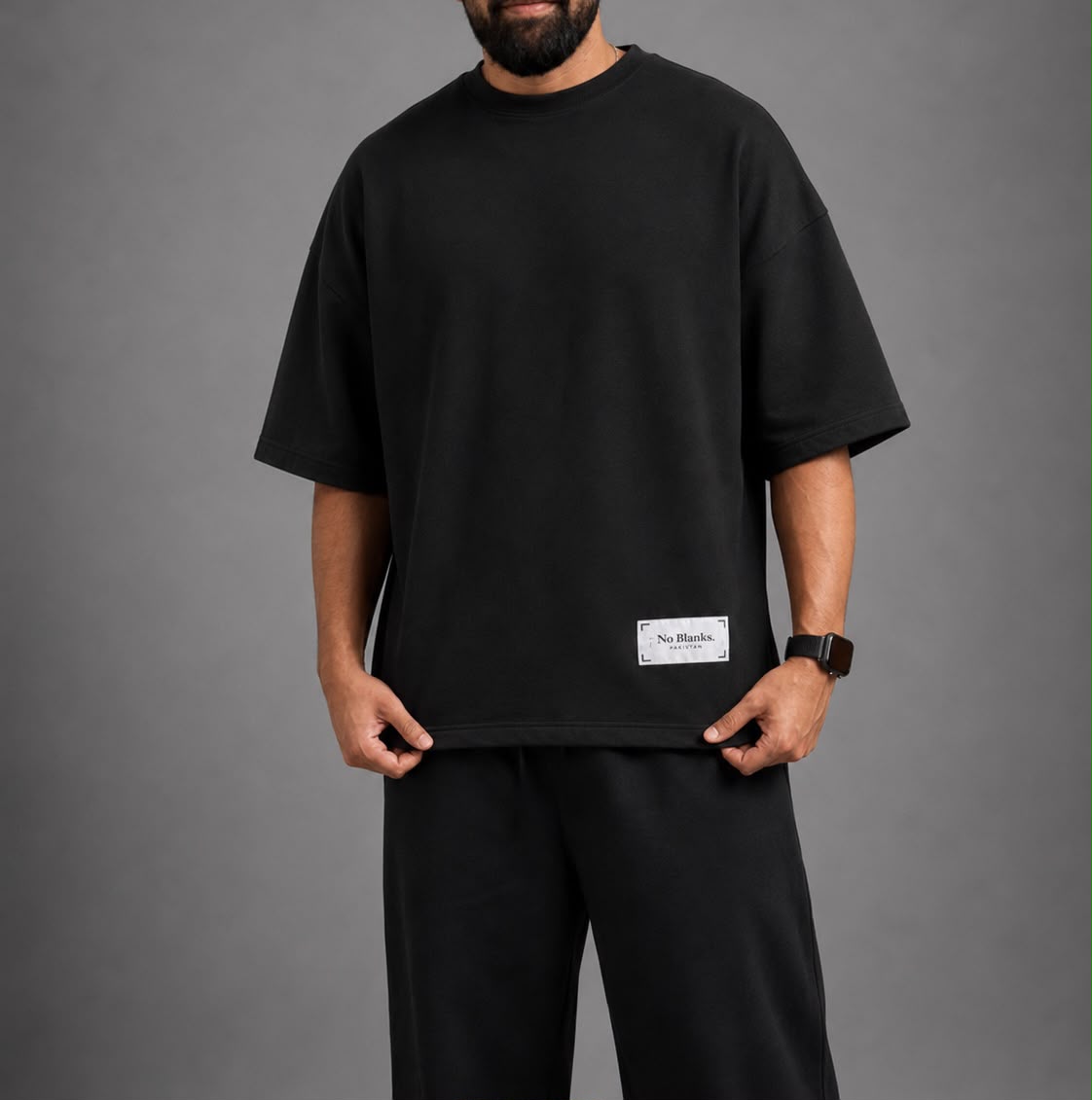 No Blanks Black Oversized T-Shirt - Male Model Front View