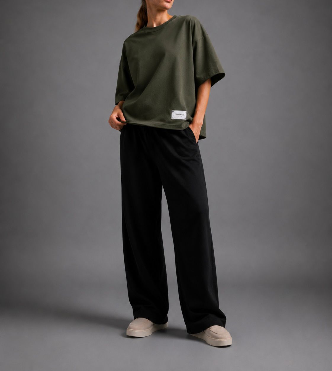 No Blanks Olive Green Oversized T-Shirt - Female Model Full Look