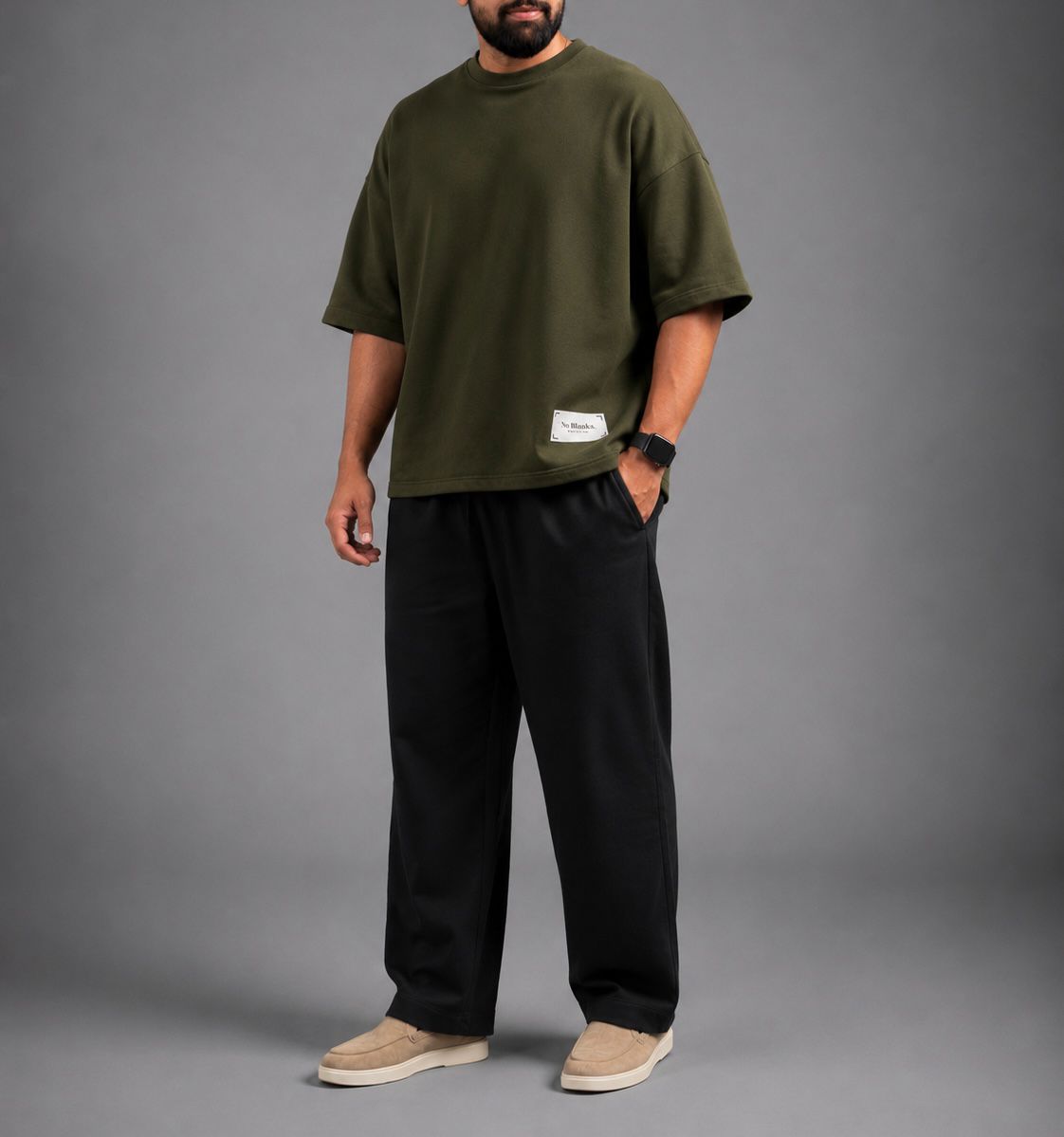 No Blanks Olive Green Oversized T-Shirt - Male Model Full Look